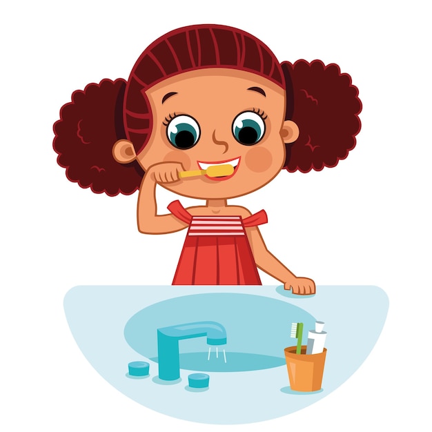 Vector little girl brushing her teeth vector illustrtion