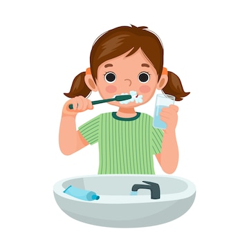 Premium Vector | Little girl brushing teeth with toothpaste holding glass  of water for cleaning daily routine hygiene