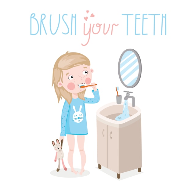 Vector little girl brushing teeth