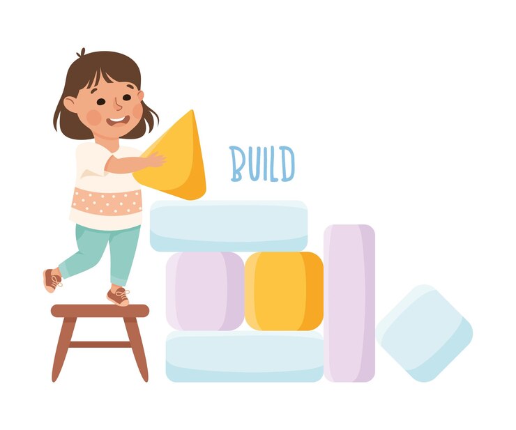 Vector little girl building tower from toy blocks demonstrating vocabulary and verb studying vector illustration