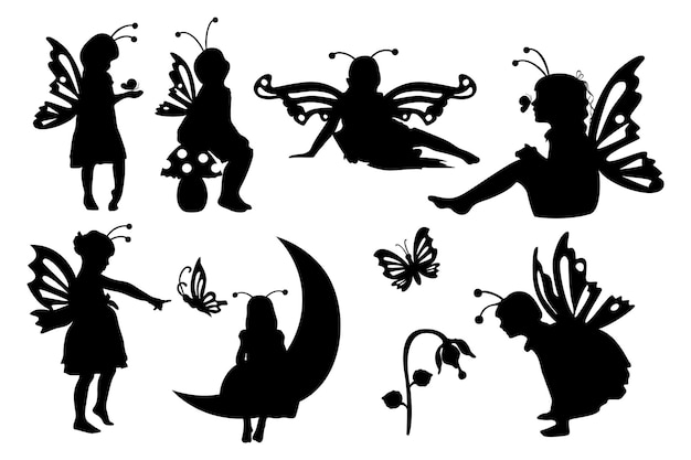 Little girl butterflies set. fairy girl vector stock illustratration.