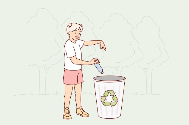 작은 소녀는 특별한 기호가 새겨진 병을 쓰레기통에 던져 플라스틱 재활용을 요구합니다.