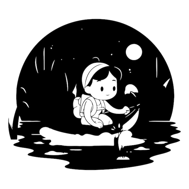 Vector little girl in a canoe on the lake at night