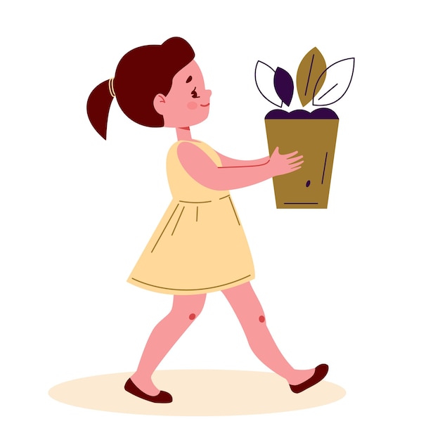 A little girl carries a flower pot Vector illustration in flat cartoon style