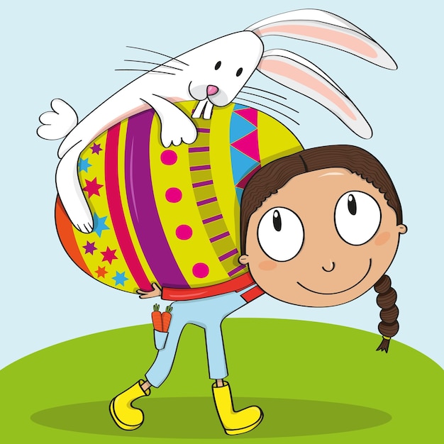Little girl carrying an easter egg and a rabbit