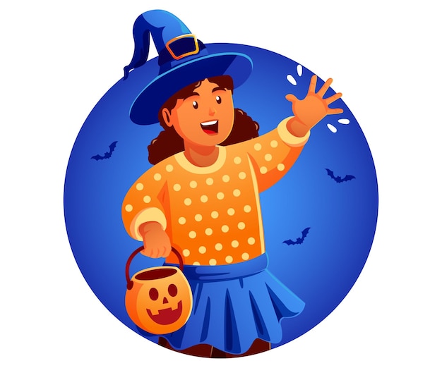 Vector little girl celebrating happy halloween wearing witch hat