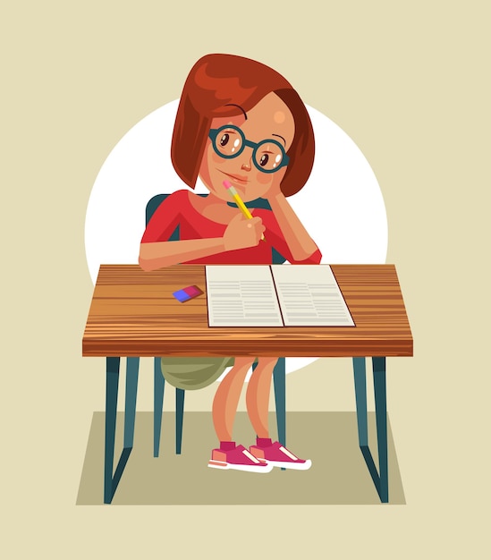 Vector little girl character doing homework.   cartoon