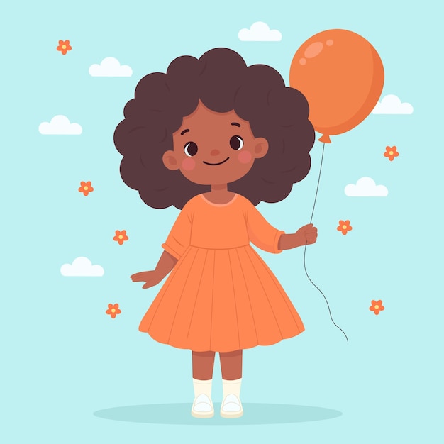 Vector little girl character happy in orange dress keeping balloon illustration