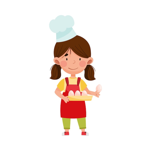 Little Girl Character in Hat and Apron Carrying Eggs for Baking Vector Illustration