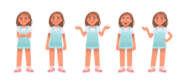 Little girl character set The child is offended upset shrugs happy surprised points