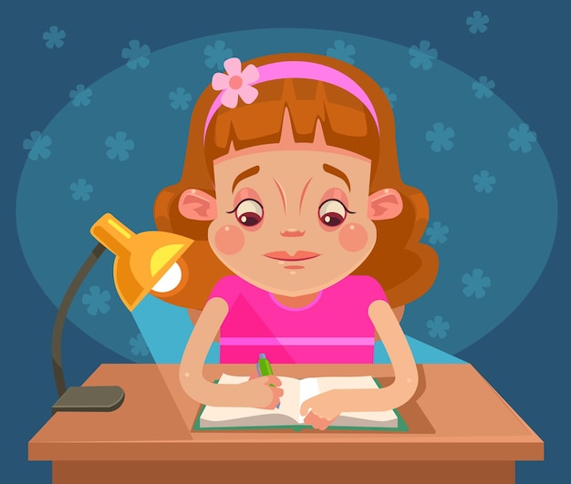 Little girl child character doing homework.   cartoon 