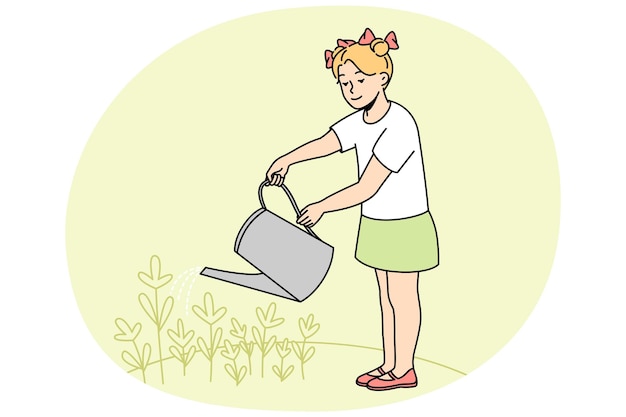 Little girl child holding can watering flowers in garden Happy kid take care of plants outside Gardening and horticulture Vector illustration