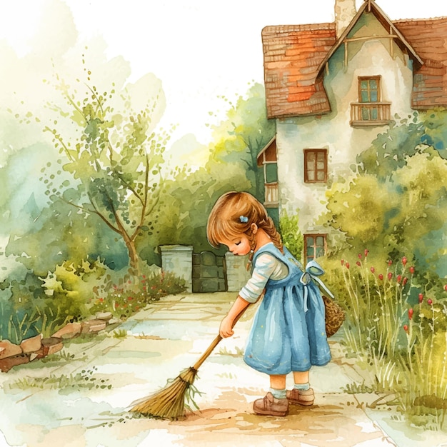 Vector little girl cleaning the yard watercolor paint