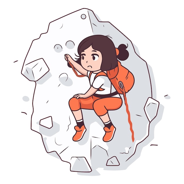 Little girl climbing on a rock in cartoon style