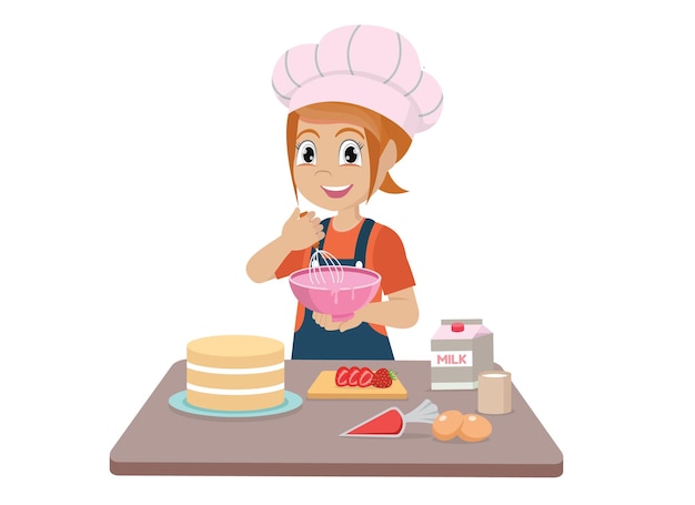 Vector little girl cooking making a cake