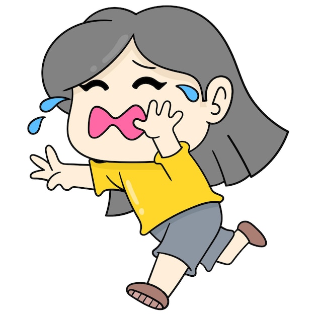 Little girl daughter is walking crying tears, vector illustration art. doodle icon image kawaii.