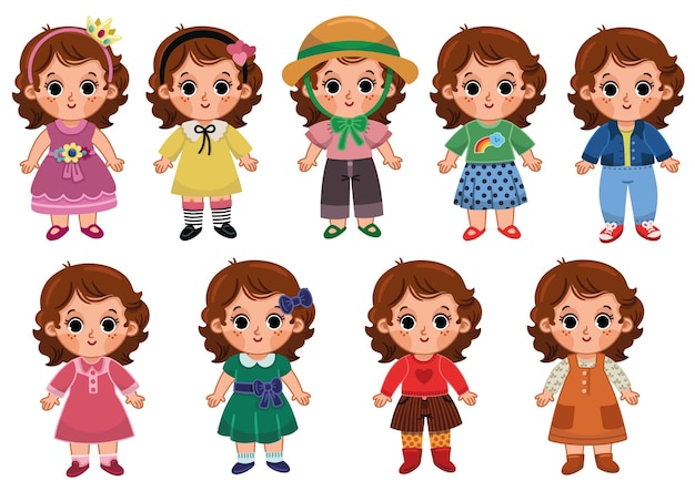 Little girl in different clothes. Vector illustration for kids.