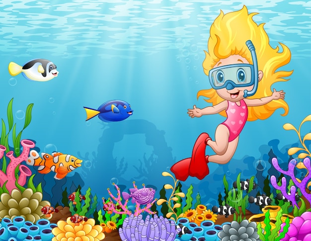 Vector little girl diving in the sea