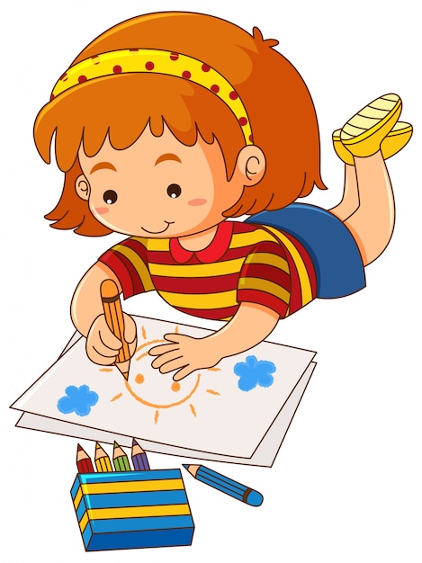 Vector little girl drawing sun on paper