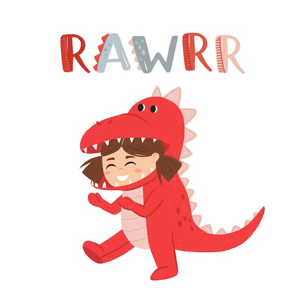 T rex의 형태로 점프수트 키구루미를 입은 어린 소녀 후드와 꼬리가 있는 공룡이나 용 의상을 입은 소녀 아늑한 티라노사우루스 잠옷 낙서 스타일의 만화 플랫 벡터 그림