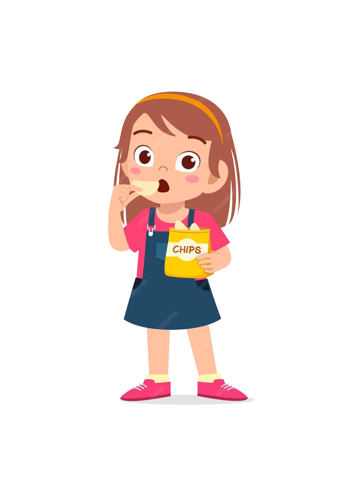 Premium Vector | Little girl eat potato chips and feel happy Premium Vector | Little girl eat potato chips and feel happy