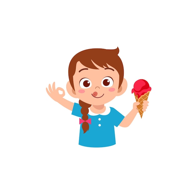 Vector little girl eat sweet ice cream and feel happy