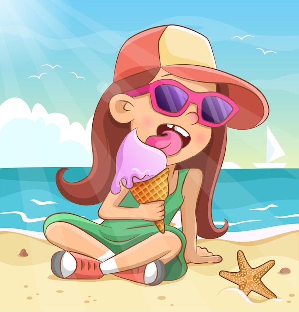 Little girl eating ice cream in a waffle cone. Cool child in sunglassesh