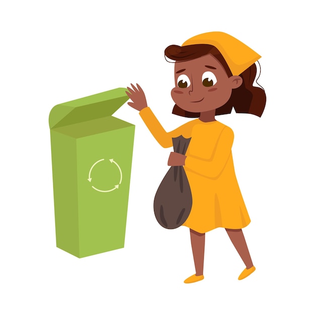 Vector little girl engaged in housework taking out the trash vector illustration