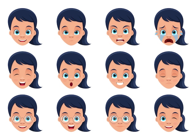 Little girl face expressions   design illustration isolated