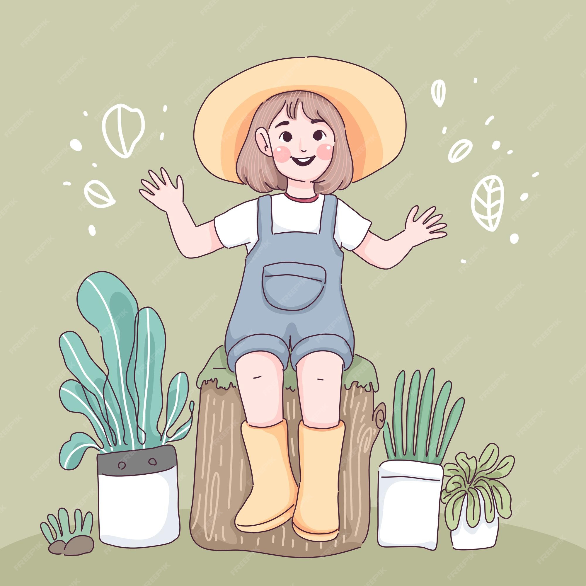Premium Vector | Little girl in garden . farmer girl cartoon character.