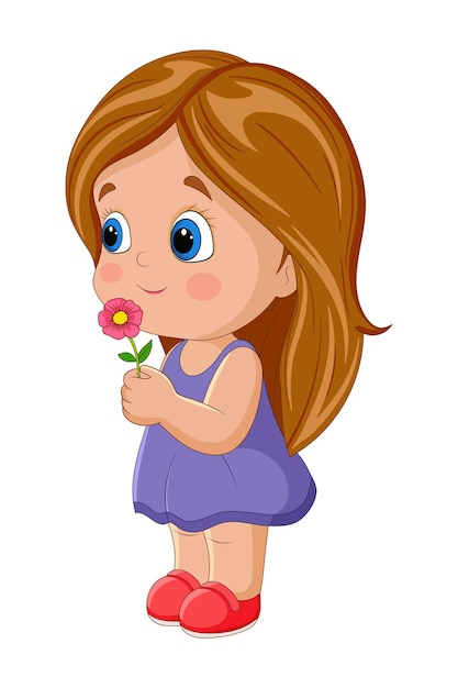 a little girl gently holding a tiny flower vector illustration