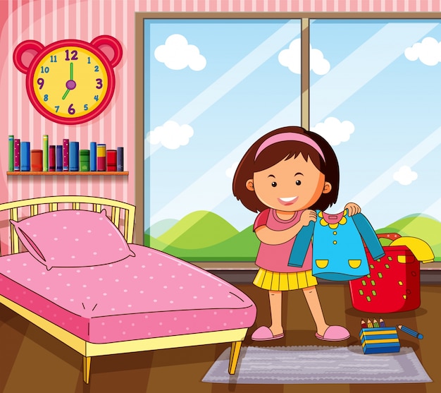 Vector little girl getting dress in bedroom