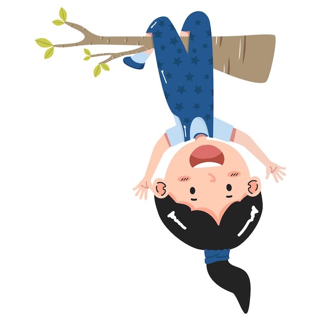 Vector little girl hanging upside down on a tree branch