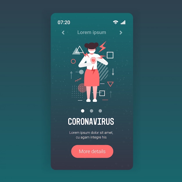 Bambina con attacco cardiaco sintomi di infezione da coronavirus epidemia virus mers-cov wuhan 2019-ncov smartphone schermo mobile app spazio completo copia spazio