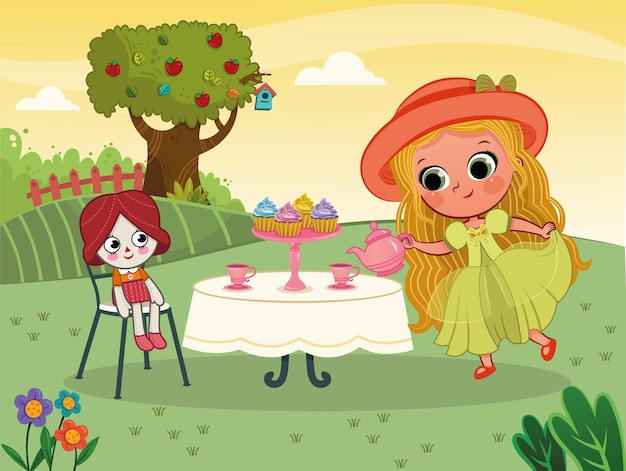 Bambina che fa un tea party con la sua bambola illustrazione vettoriale