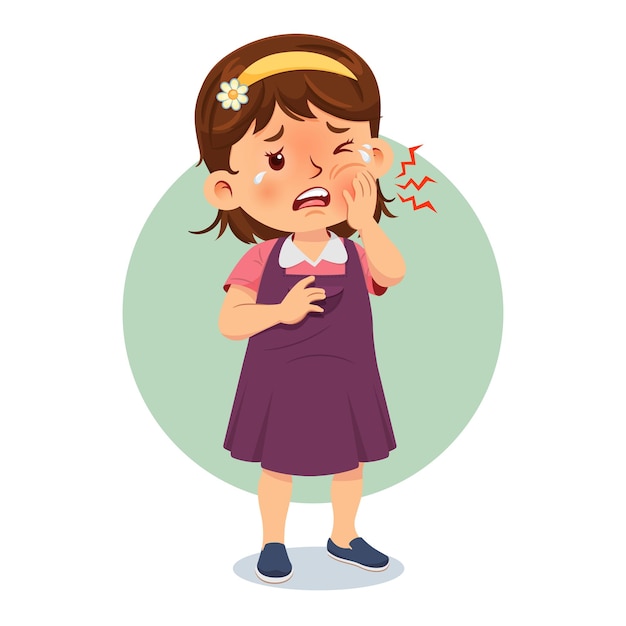 Vector little girl having toothache child holding his cheek vector illustration