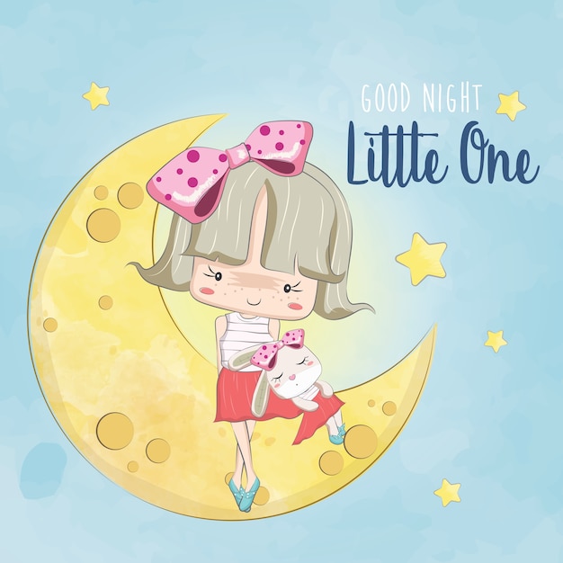 Little girl and her bunny on the moon