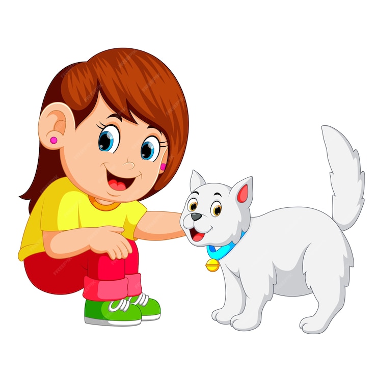 Premium Vector | Little girl and her pet cat