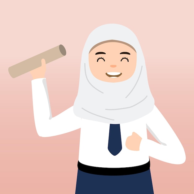 Little girl or hijab student wearing junior high school uniform to school illustration