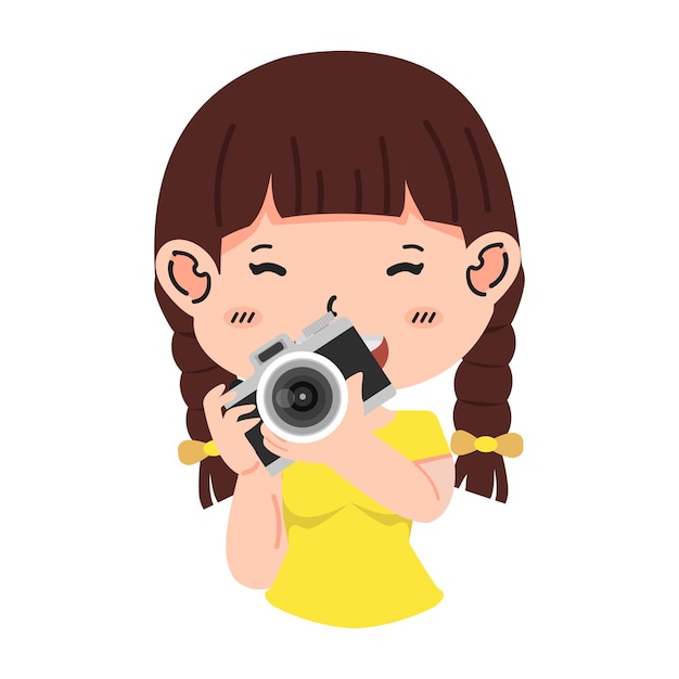 Vector little girl holding camera cartoon flat