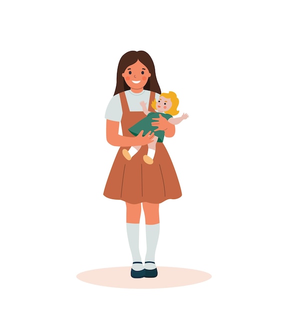 Little girl holding doll isolated. vector flat style cartoon illustration