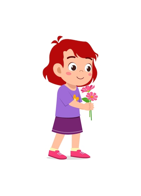 Vector little girl holding flower and sniff the scent