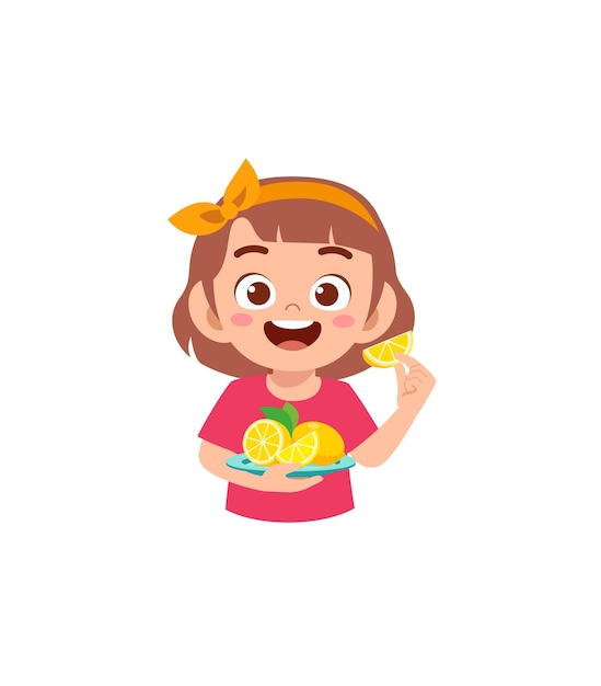 Vector little girl holding fresh lemon fruit from farm