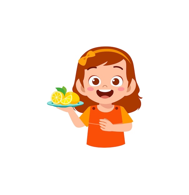 Vector little girl holding fresh lemon fruit from farm