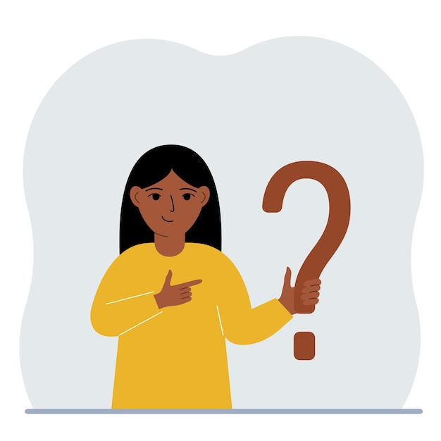 Vector little girl holding a question mark symbol ask questions and look for answers faq or frequently asked questions concept online support center