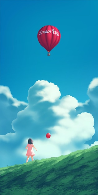 A little girl holding a red balloon and starring a big gas balloon in red floating in the sky