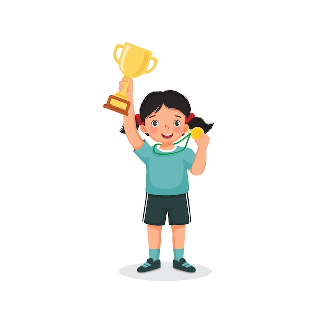 우승 경쟁 상을 축하하는 골드 컵 트로피와 메달을 들고 어린 소녀