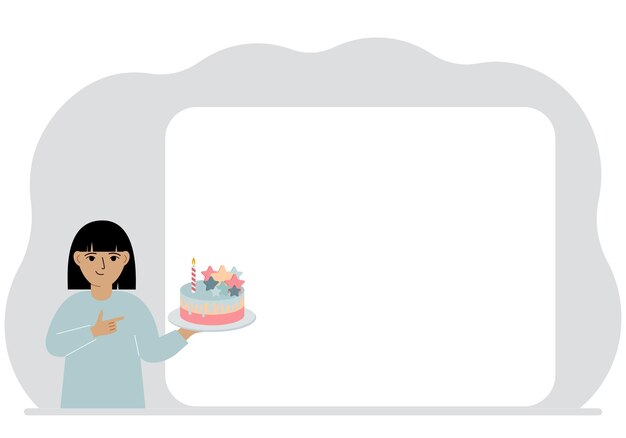 Vettore una ragazzina tiene una torta in mano vicino c'è un poster bianco per il testo compleanno o festa