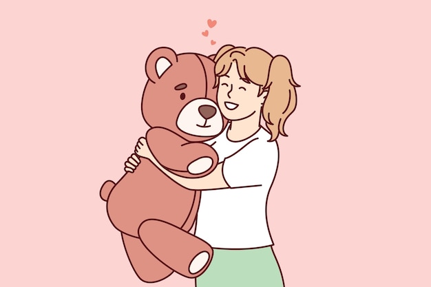 Маленькая девочка обнимает большую любимую мягкую игрушку и улыбается, чувствуя привязанность плюшевого медведя Векторное изображение