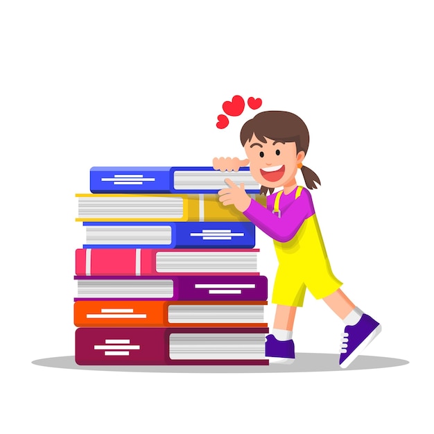 little girl hugs a pile of books because she loves it so much